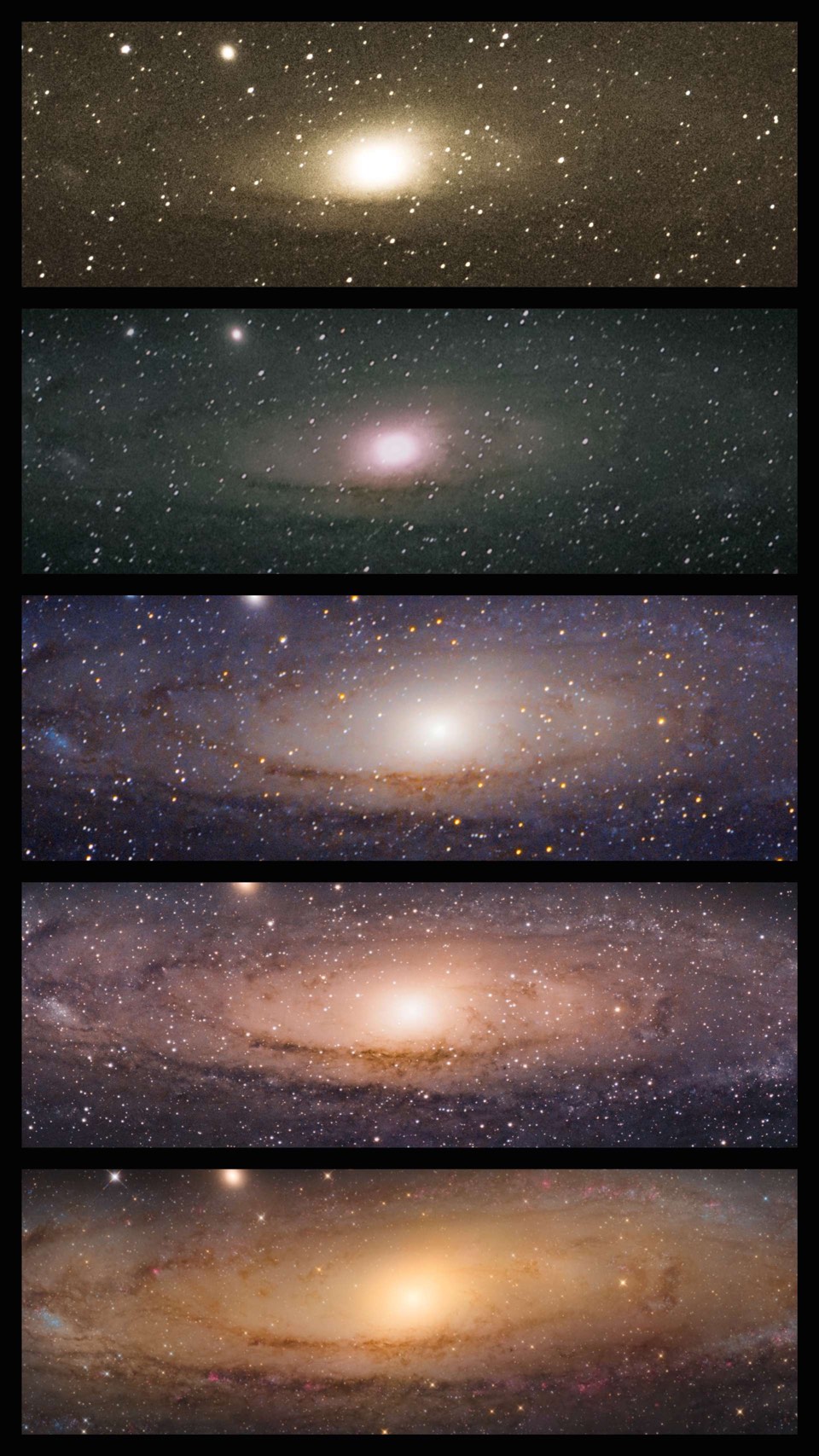 Galaktyka Andromedy, M31, sfotografowana przez Sophie Paulin. 2x bez śledzenia, za pomocą teleobiektywu 200mm, 1x za pomocą montażu fotograficznego i teleobiektywu 200mm z telekonwerterem, 1x za pomocą montażu fotograficznego i teleobiektywu 600mm, 1x za pomocą teleskopu Newtona 8" f/4.5.