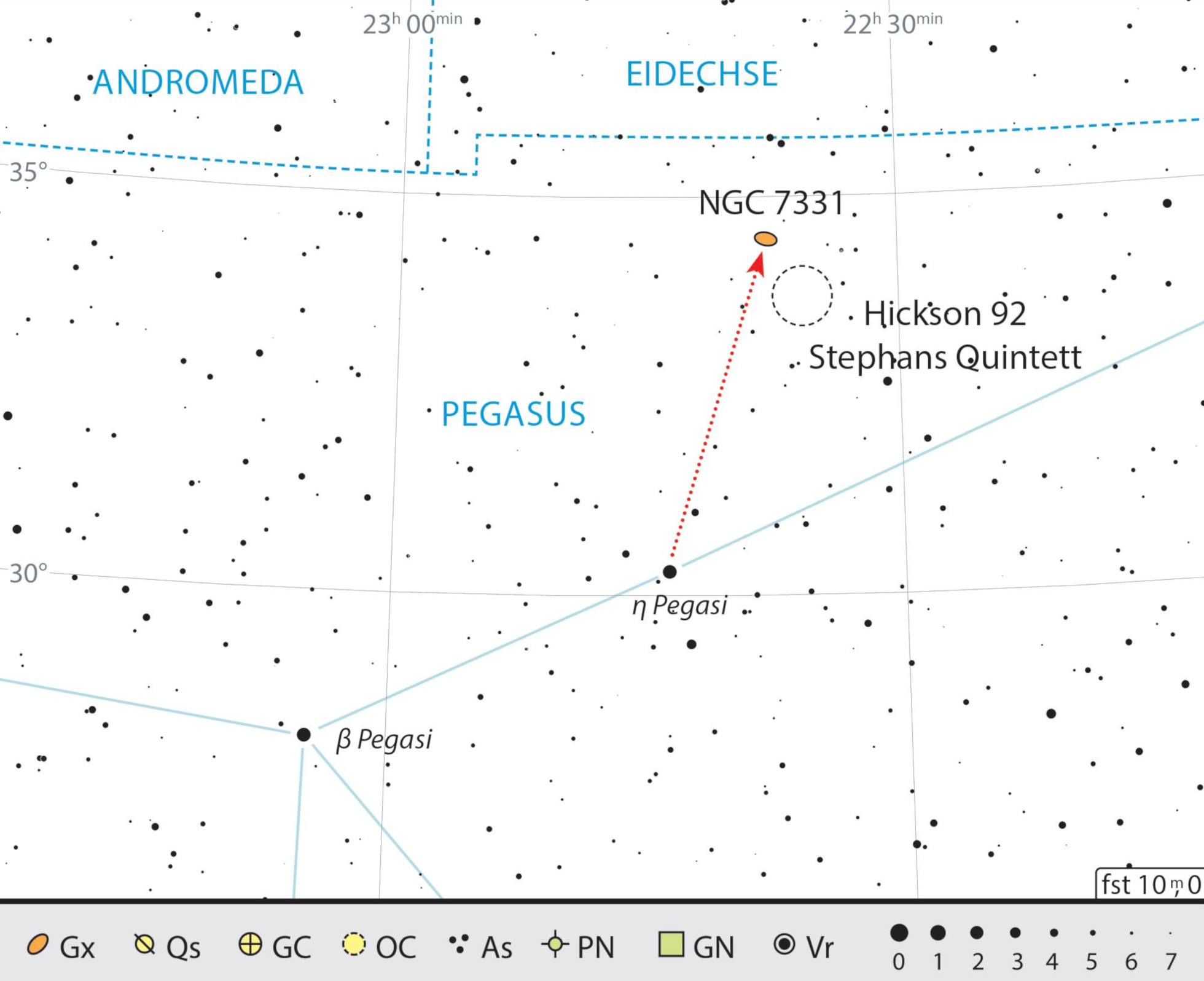 Mapa estelar de NGC 7331 y el grupo de galaxias Hickson 92 ubicado en su extremo sursuroeste. J. Scholten