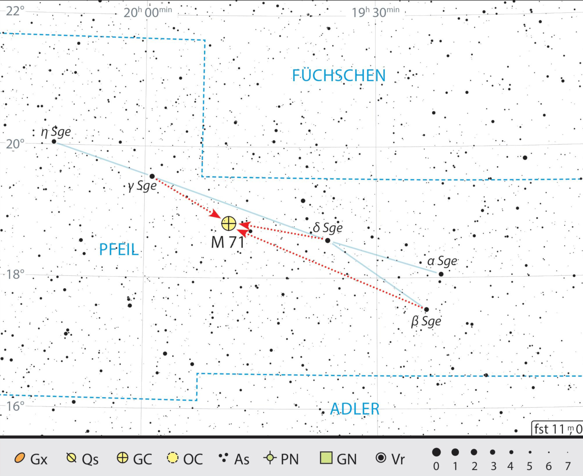 Finding chart of Messier 71 in the constellation of Sagitta. J. Scholten