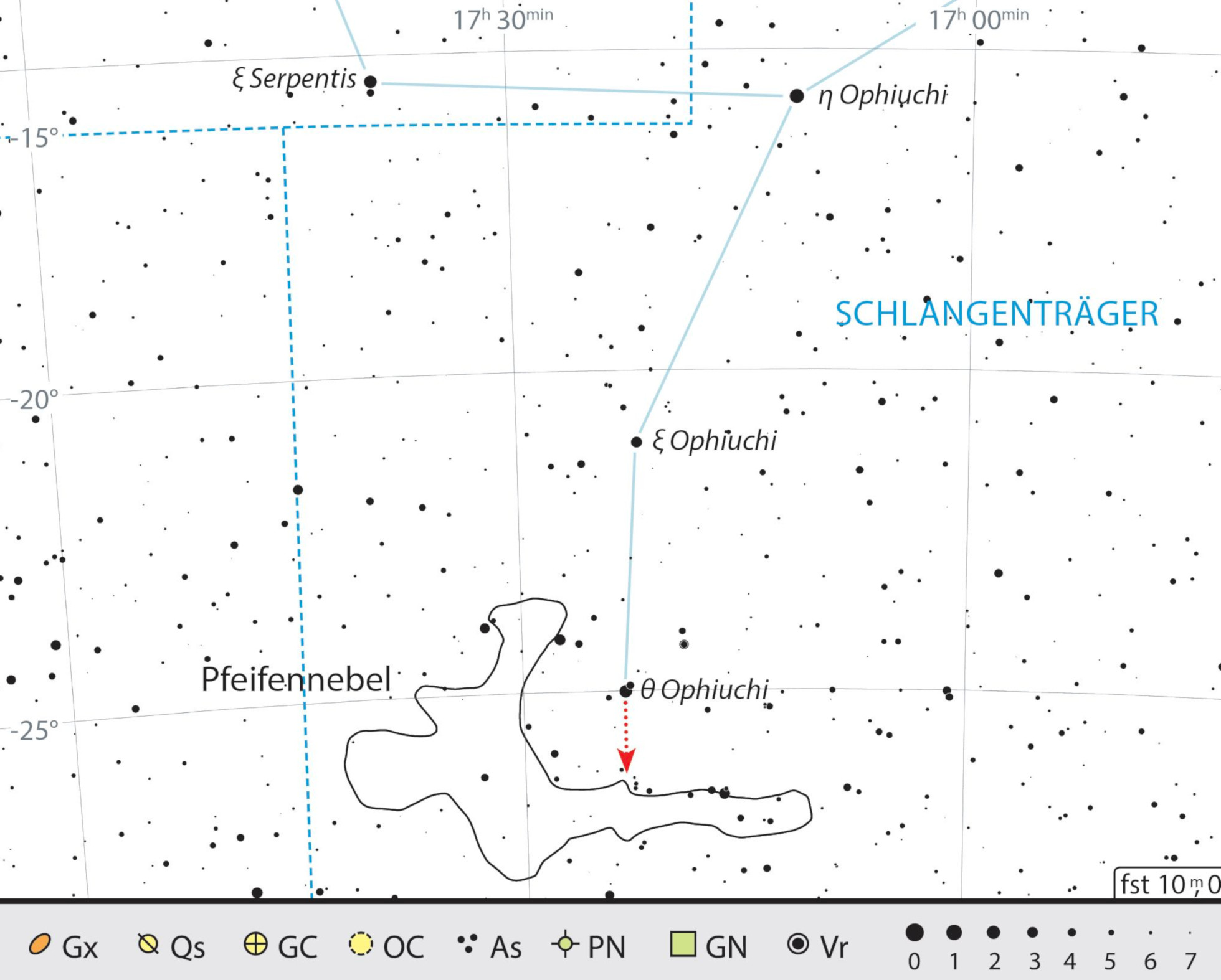 Mapa starhoppingu do mgławicy Fajka w gwiazdozbiorze Wężownika. J. Scholten