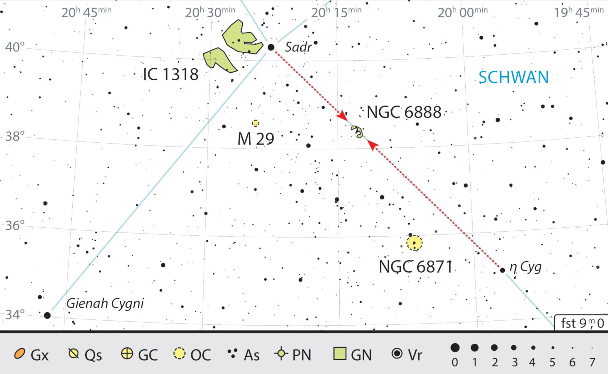 The Crescent Nebula can be found at around a third of the way between Sadr (γ Cyg) and η Cyg. J. Scholten