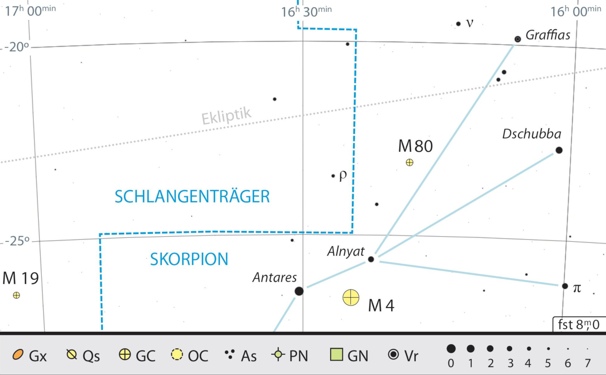 Harta de căutare pentru ν Scorpii și M 4. Kai v. Schauroth