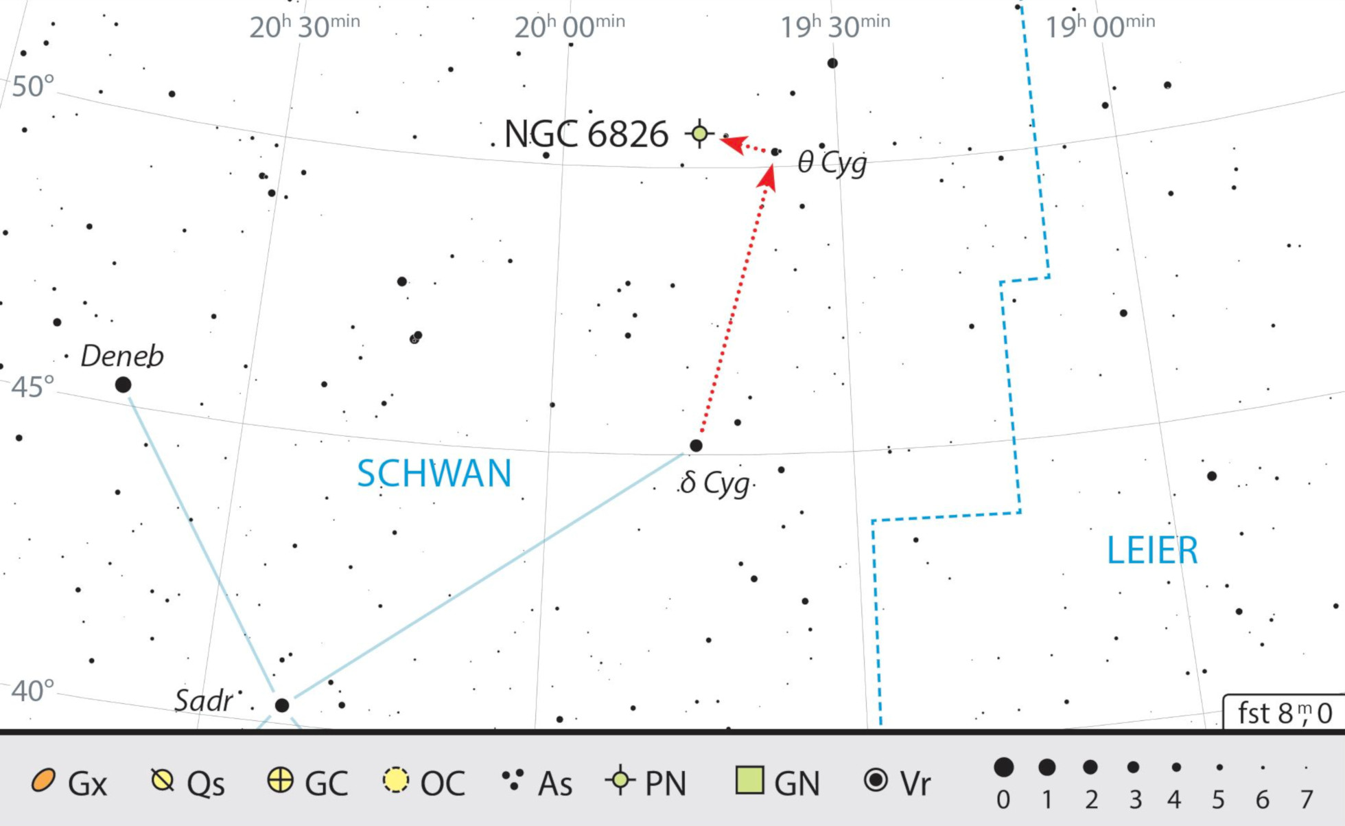 Nebuloasa NGC 6826 poate fi găsită cu ajutorul stelelor δ Cygni și θ Cygni. J. Scholten