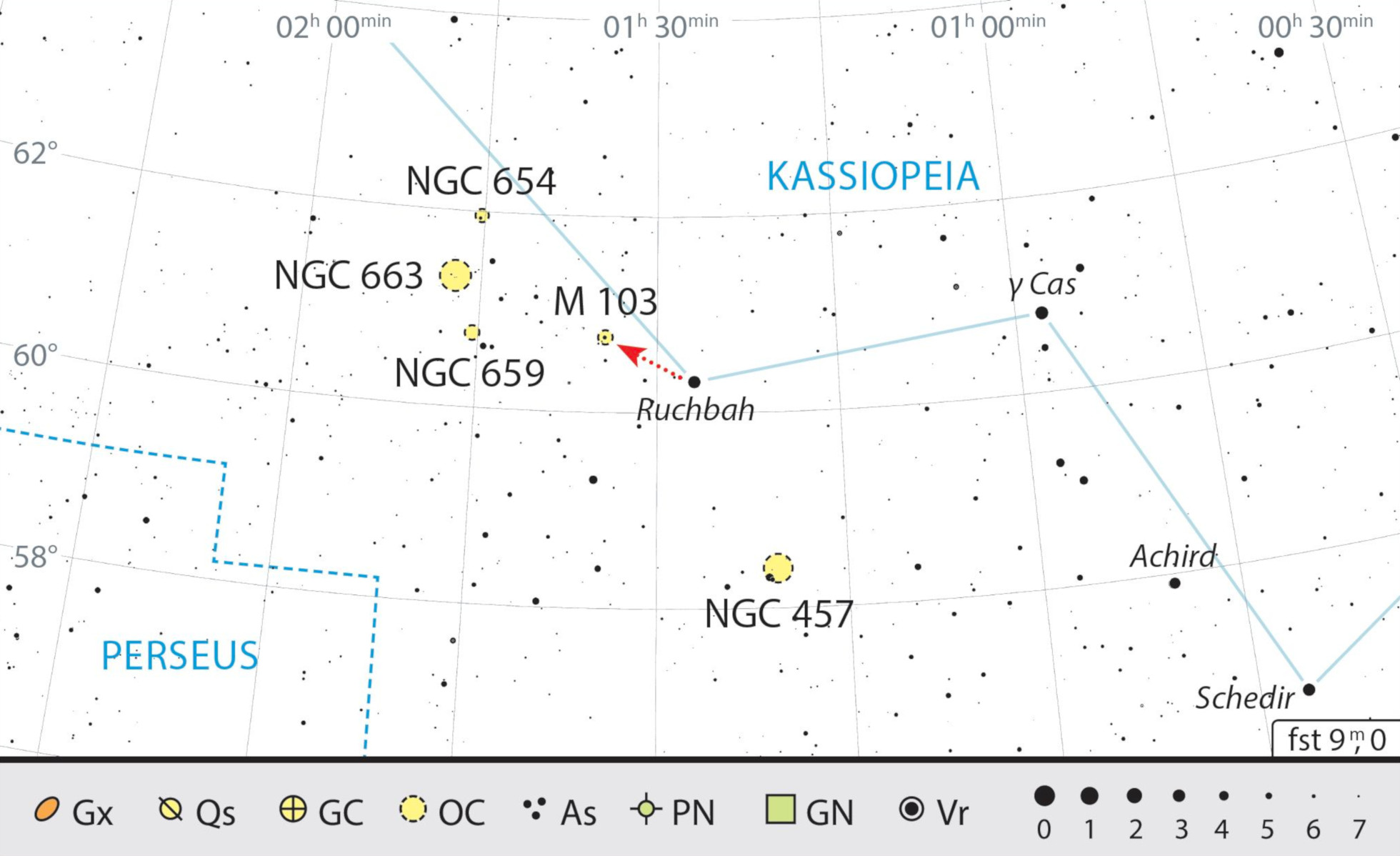 M103 is easily found, close to star Ruchbah (δ CAS). J. Scholten