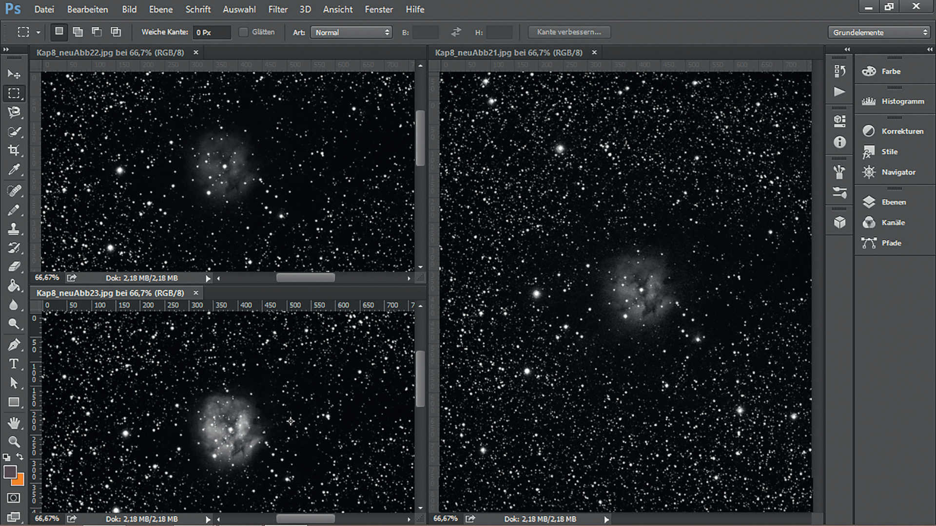 Zdjęcie mgławicy Kokon (IC 5146) w gwiazdozbiorze Łabędzia i geneza jego powstania: obraz sumaryczny składa się z ośmiu indywidualnych ekspozycji, każda z filtrem czerwonym, zielonym i niebieskim, wyrównanych, dodanych i wzmocnionych pod względem kontrastu. Kamera SBIG STF-8300 na astrografie 200/600 mm, całkowity czas naświetlania: 72 minuty, filtry RGB. U. Dittler