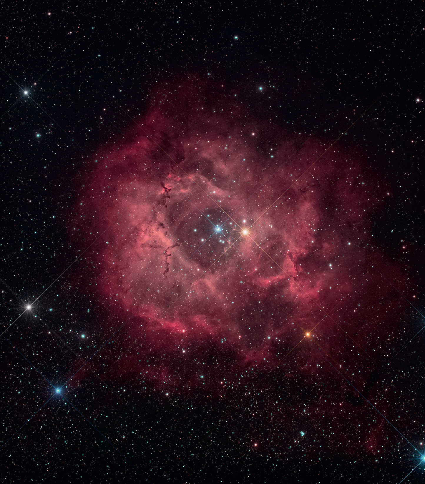 Imagine a Nebuloasei Rosette (NGC 2244). Imagine compusă din 14 fotografii cu un timp de expunere de 300 de secunde fiecare (ISO 1600; timp total de expunere: 70 de minute). Alte date ca în fig. 1. U. Dittler