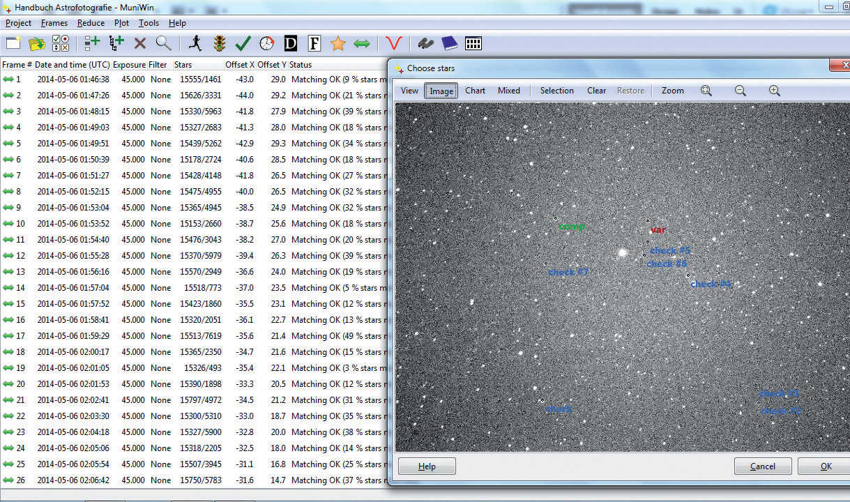 As fotografias individuais foram lidas no Muniwin. Nesta etapa do processo foi assinalada a estrela hospedeira do exoplaneta, bem como diversas estrelas de comparação. U. Dittler