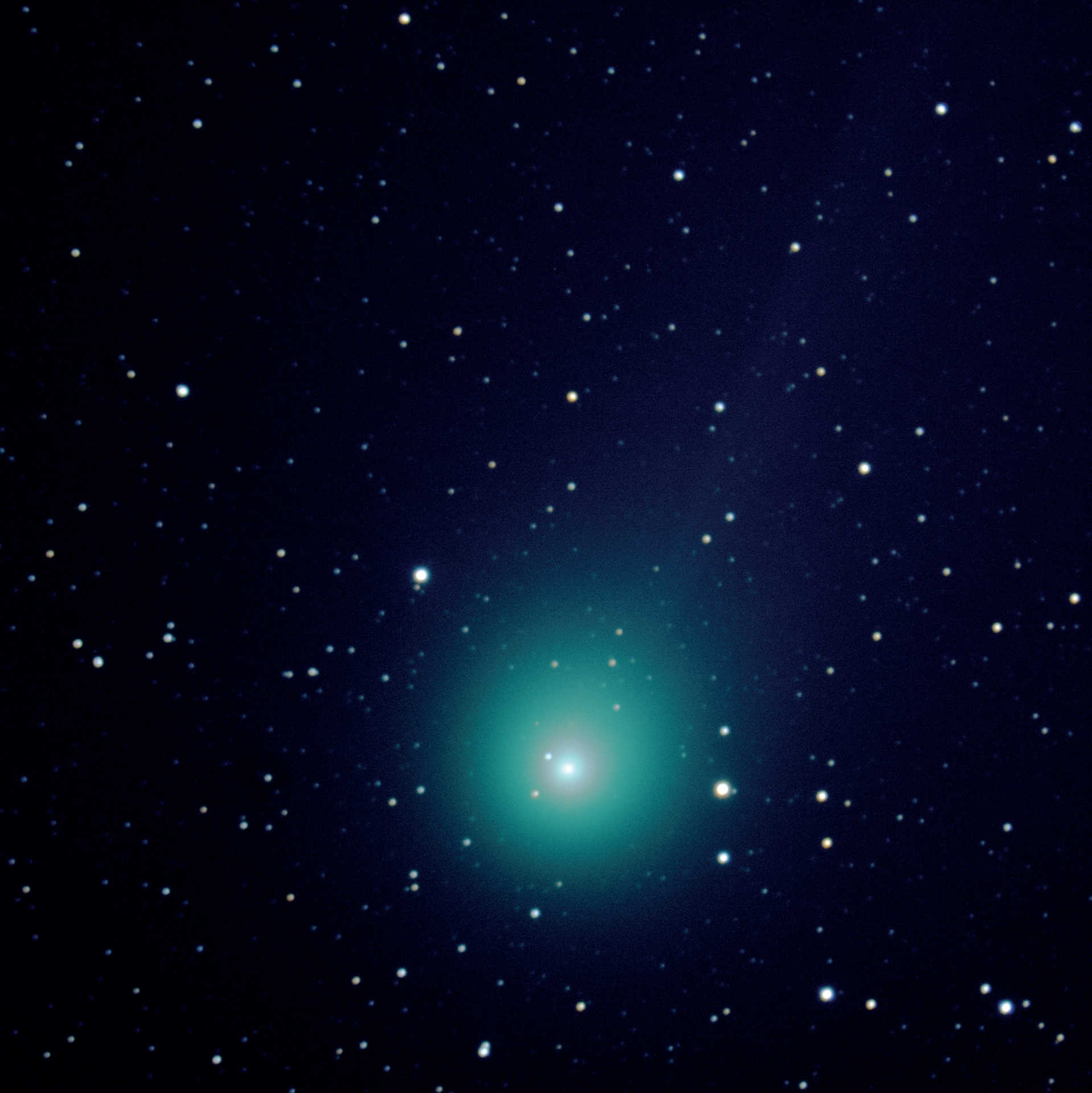 Kometa C/2014 Q2 (Lovejoy) z długoogniskowego teleskopu Schmidta-Cassegraina. Zdjęcie wykonano 7.03.2015 kilka minut po zdjęciu pokazanym wyżej aparatem Canon D550 i teleskopem o ogniskowej 2000mm i aperturze 280mm. Do zdjęcia sumarycznego wykorzystano pięć ekspozycji o czasie naświetlania 120 sekund każda (całkowity czas naświetlania: 10 minut) i połączono za pomocą oprogramowania DeepSkyStacker i Photoshop. U. Dittler