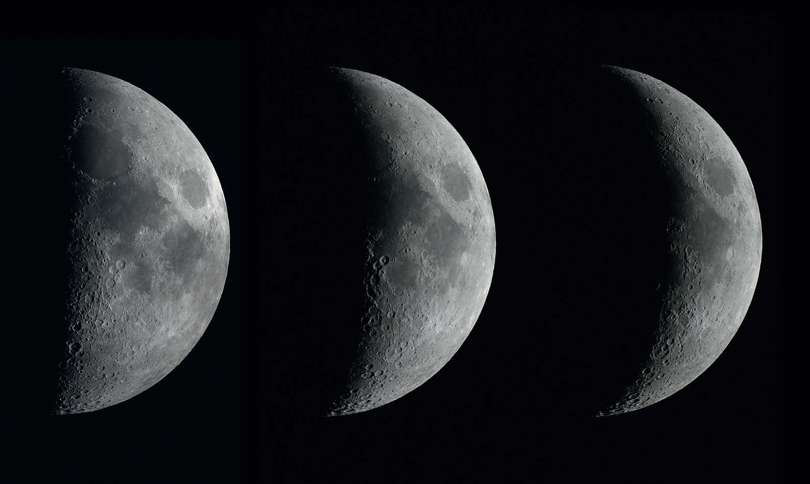 Die Phasen des zunehmenden Mondes an drei aufeinanderfolgenden Tagen. Die Aufnahmen
entstanden mit einer DSLR vom Typ Canon 450D an einem Refraktor mit 102mm Öffnung
und 1.000mm Brennweite im Abstand von jeweils einem Tag. U. Dittler