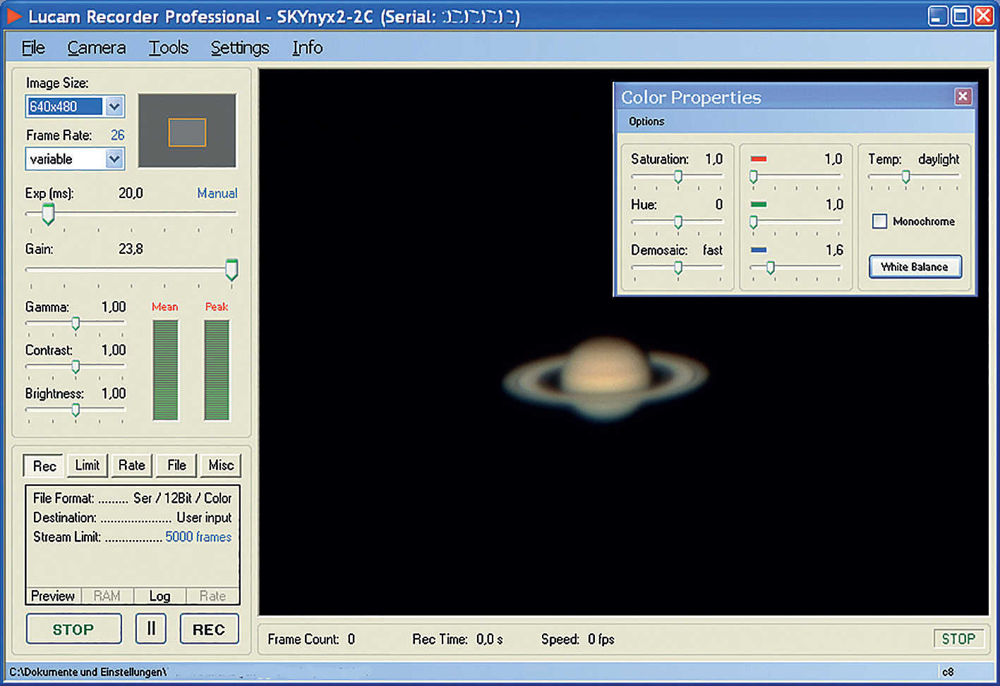 Capture d’écran de Lucam Recorder pendant la photographie de la planète Saturne. U. Dittler