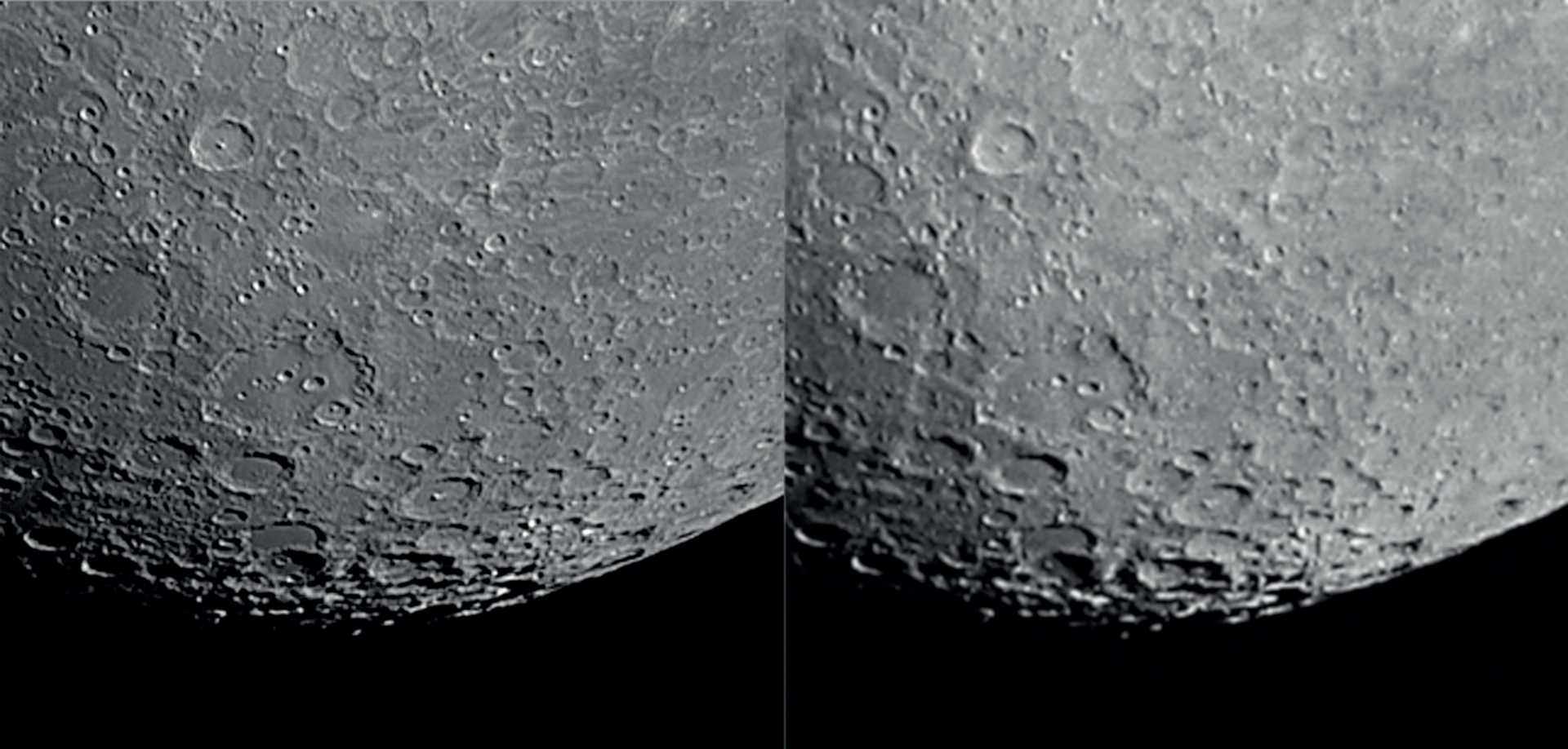 Capturing several hundred images with a CCD camera enables the creation of a composite picture using digital image processing, that is much more detailed than a single image. On the right you can see a single image taken using a refractor (130mm aperture at 1,000mm focal length). On the left, a composite picture created from between 250 and 1,000 individual images. U. Dittler