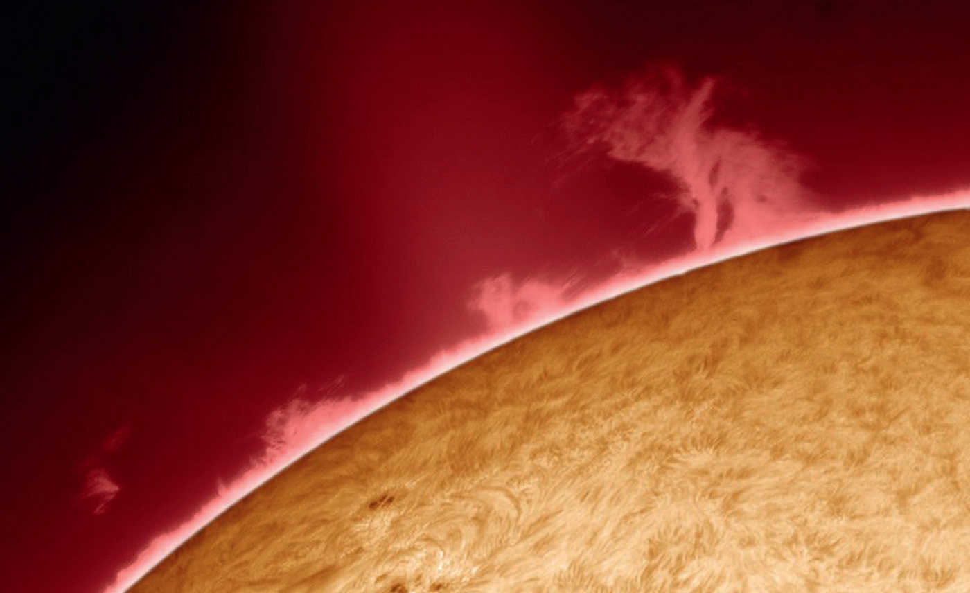 Prominences in Hα light. Created with a Coronado Solarmax90 filter on a refractor with 2,000 mm focal length, aperture: 90 mm; uncooled CCD camera; 500 of 2,500 frames processed in AviStack2 and Photoshop. U. Dittler