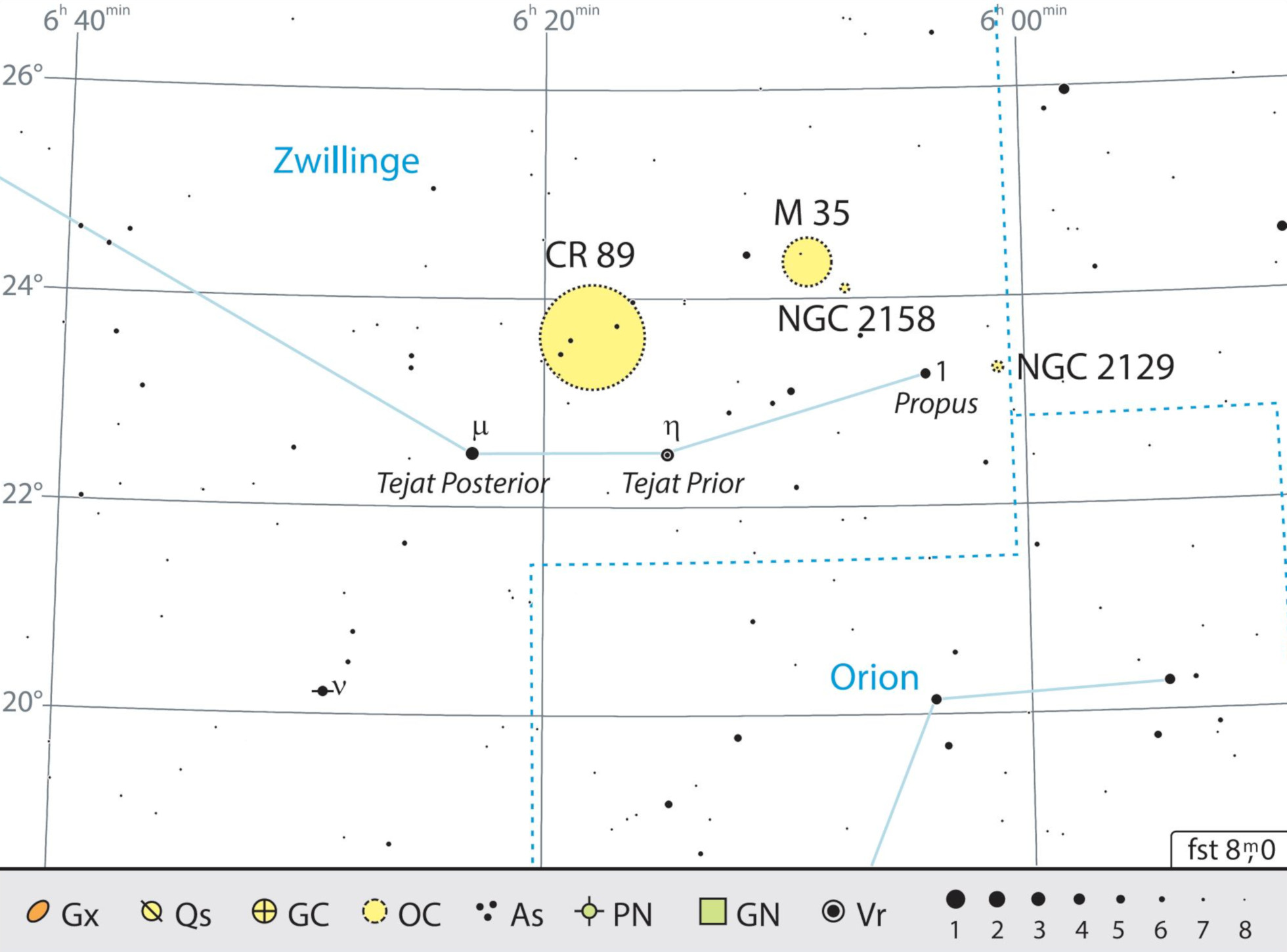 Mappa celeste per la nostra escursione con il binocolo nei Gemelli. Una panoramica della costellazione si trova a pagina 35. J. Scholten