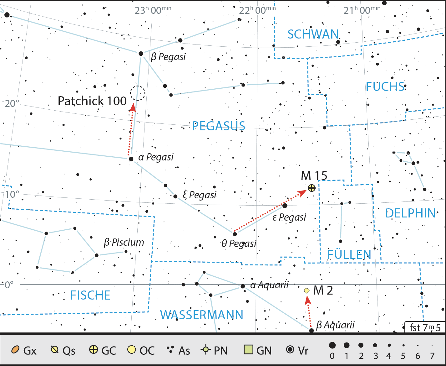 In questa escursione con il binocolo nella costellazione di Pegaso dobbiamo percorrere molta strada per trovare oggetti interessanti. J. Scholten