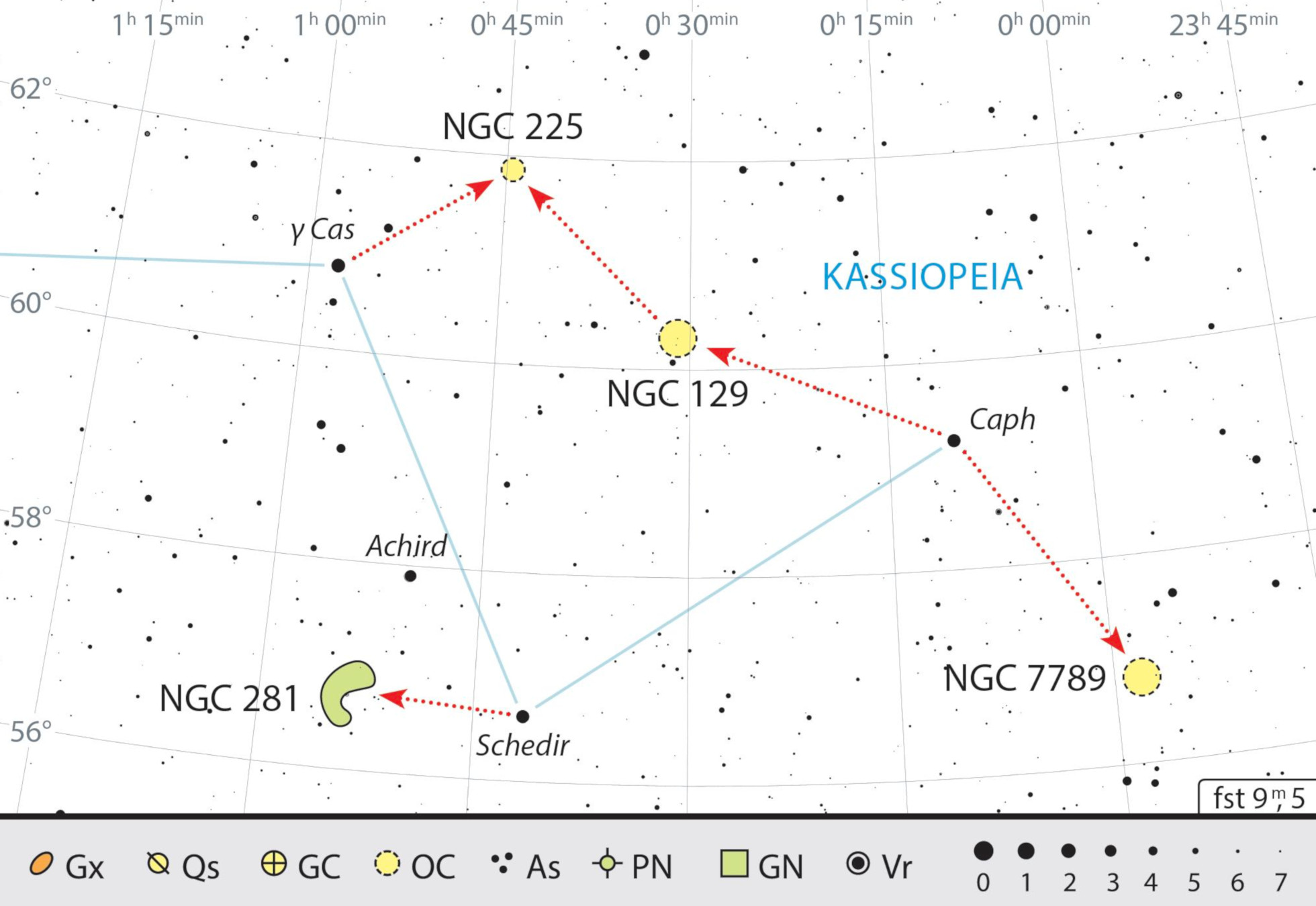 Desta vez, o destino do nosso passeio é uma cadeia de aglomerados estelares. A nebulosa NGC 281 é um desafio especial. J. Scholten 