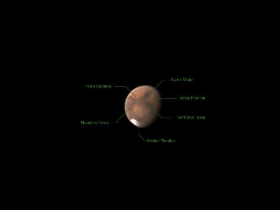 Imagem de Marte com um SC de 8", ZWO ASI 224MC, ADC — com excelentes condições de “seeing” em agosto de 2020 (fotografia de J. Bates, Berlim) 