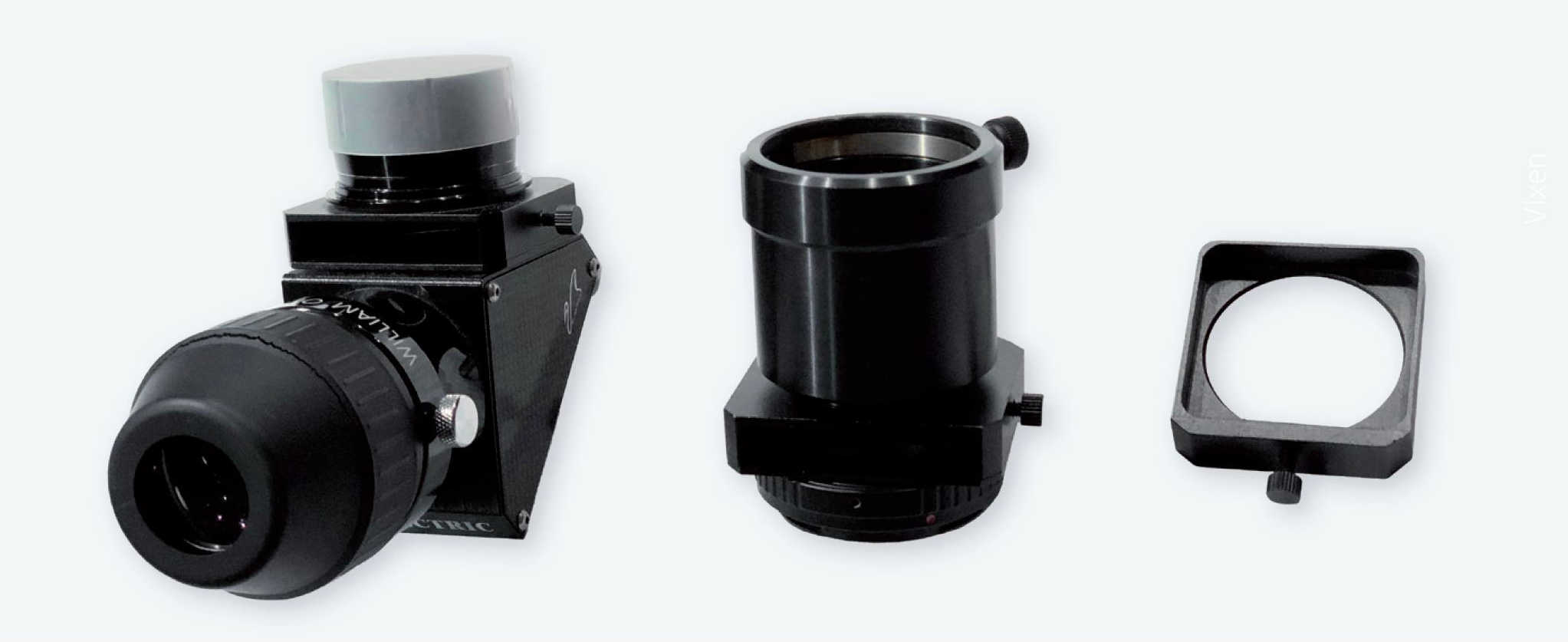 Tiroirs à filtres montés sur un renvoi coudé et un adaptateur Canon EOS (les roues moletées servent à bloquer le tiroir), et tiroir à filtres à proprement parler (ici, la roue moletée sert de poignée de tiroir). P. Oden
