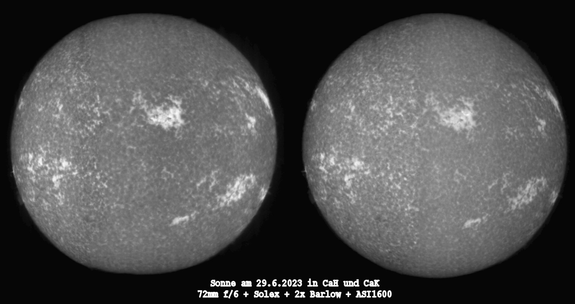 Neben der H-Alphalinie sind die Kalziumlinien CaH und CaK unter den Sonnebeobachtern am bekanntesten. Sie liegen im UV. Das Sonnenbild ist hier komplett anders