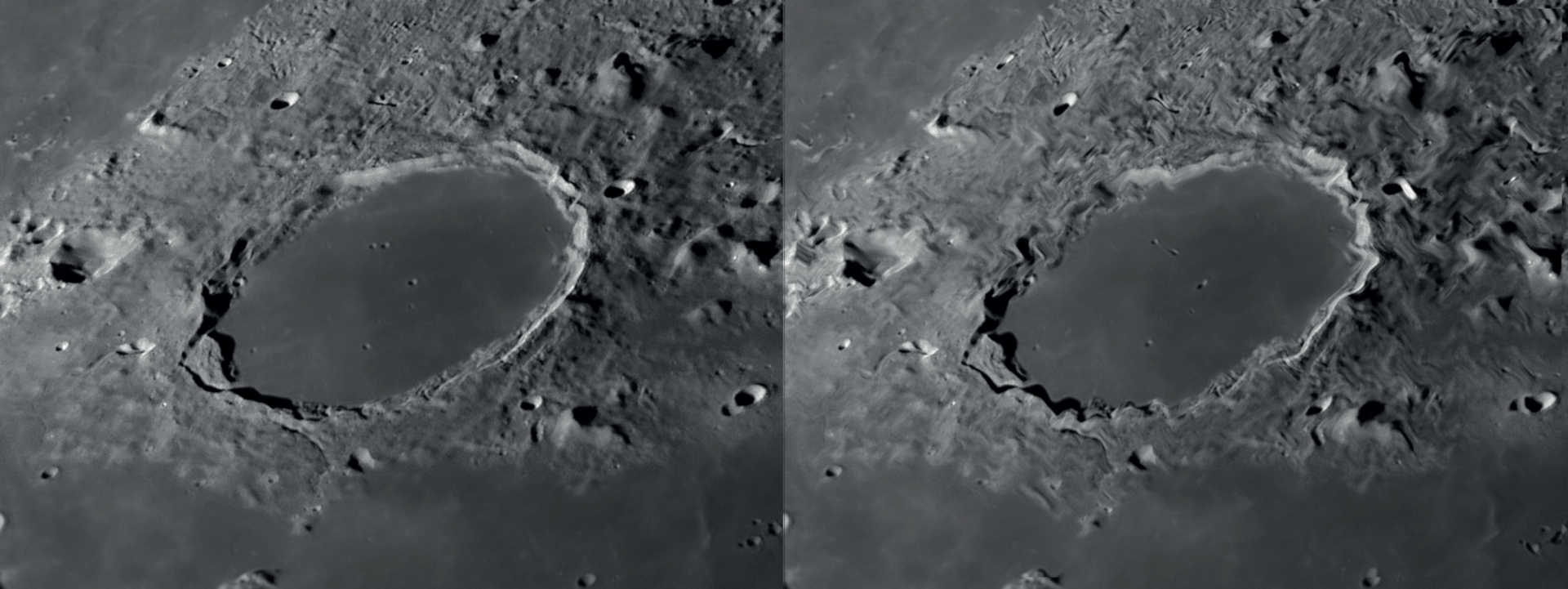 Com boas condições de “seeing”, o reconhecimento de detalhes durante a observação da lua e dos planetas (esquerda) é elevado. Movimentos lentos do ar resultam na distorção da imagem local, enquanto as outras áreas de imagem permanecem nítidas (à direita). NASA/GSFC/Arizona State University/L. Spix 