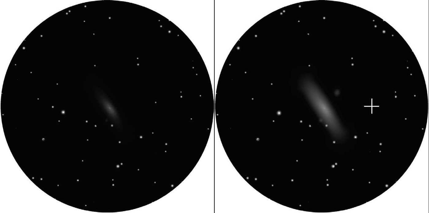 Em caso de visão indireta (à direita), o disco galáctico da galáxia de Andrómeda M 31 também se torna visível. A cruz assinala um possível ponto de fixação do olho observador. L. Spix