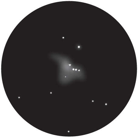 Szkic Mgławicy Oriona, M42, widocznej w teleskopie o aperturze 60mm, przy 50-krotnym powiększeniu. L. Spix