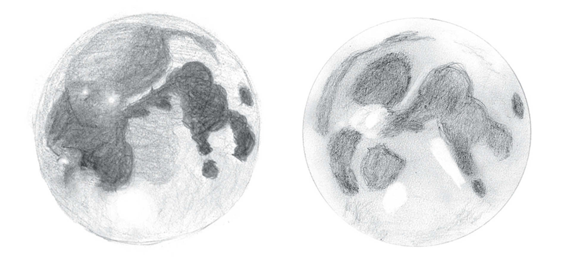 Dois desenhos da lua cheia a olho nu. O sistema de raios de Tycho é visível a olho nu como um ponto brilhante. Também era possível identificar Copérnico e Kepler. Lambert Spix, Kay Hempel