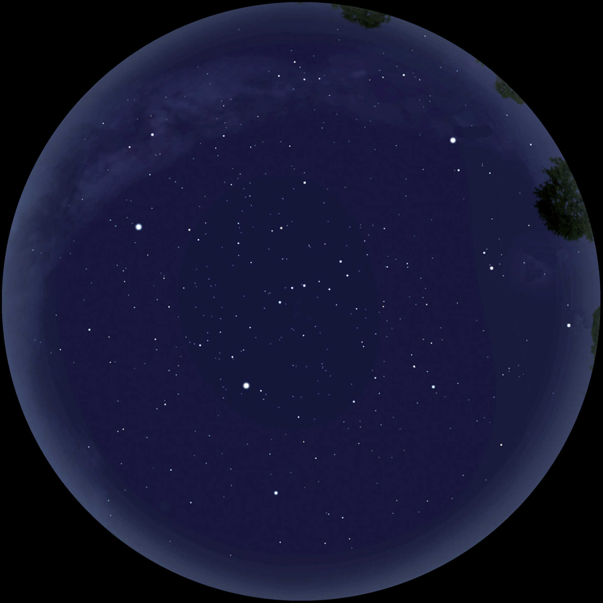 O céu noturno da primavera como um panorama de 360°. Sem a navegação correta, a orientação torna-se difícil.
Stellarium