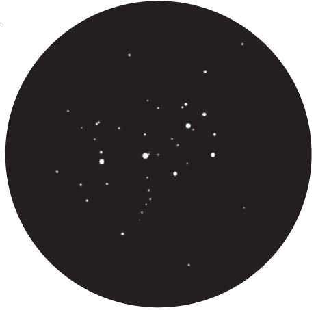 Desenho das Plêiades M 45 num telescópio com uma abertura de 60 mm, ampliação de 20×. L. Spix