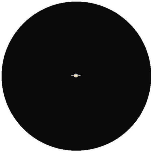 Illustration: Real erscheint Saturn
im Teleskop nur relativ klein, hier am Beispiel
eines Teleskop mit 60mm Öffnung und 60-facher
Vergrößerung. L. Spix