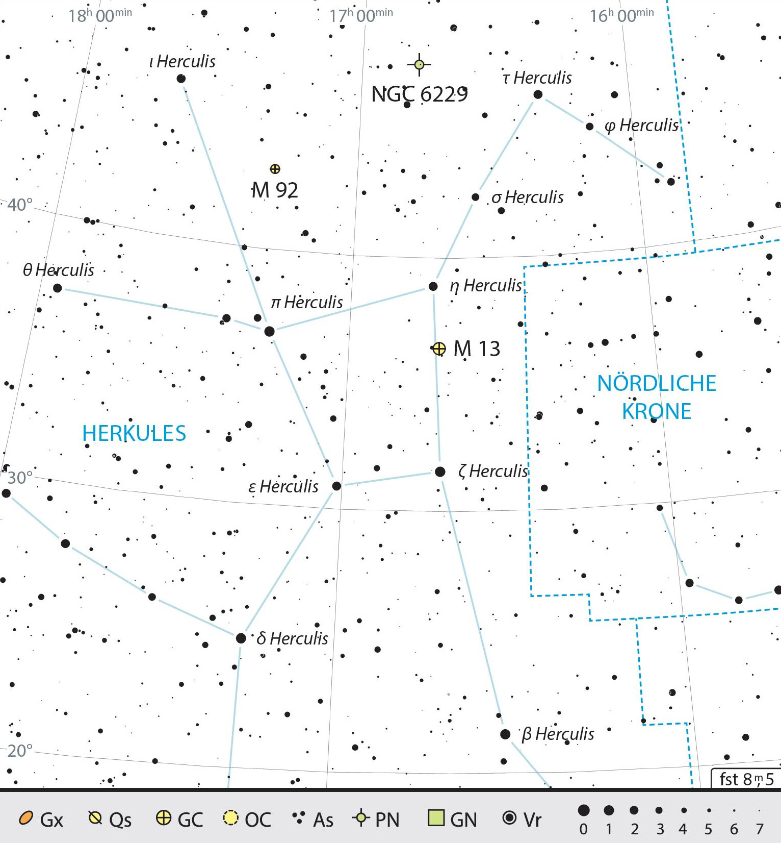 Outline map of the constellation of Hercules with our observing recommendations. J. Scholten