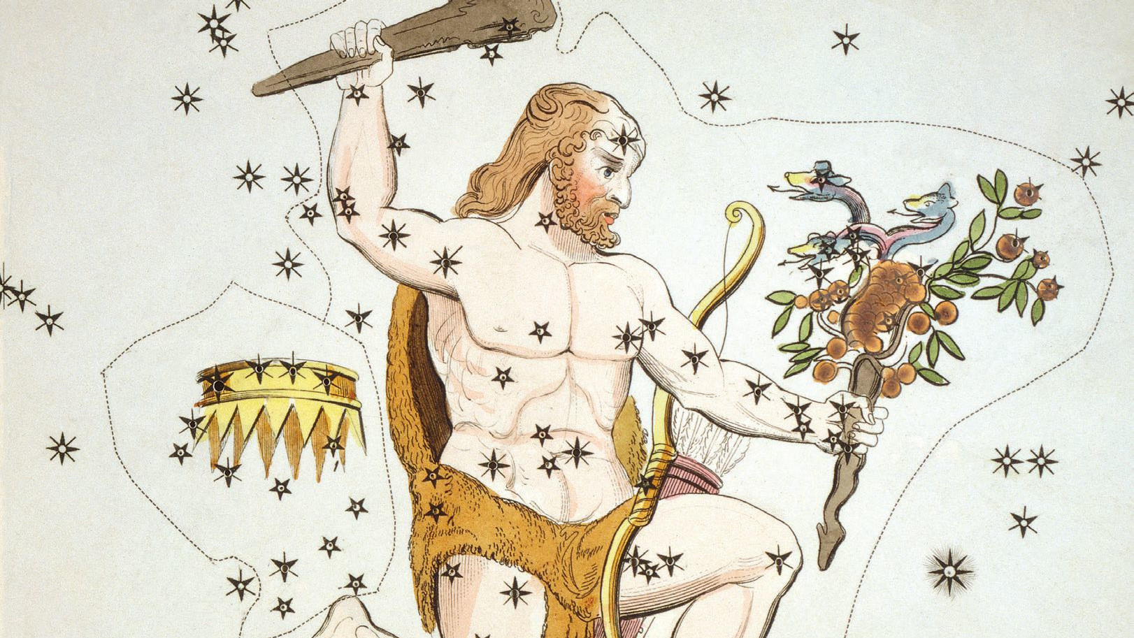 Des illustrations historiques présentent Hercule (Héraclès) avec tous ses attributs : une massue dans la main, la peau du lion et les pommes d’or qu’il a dérobées.