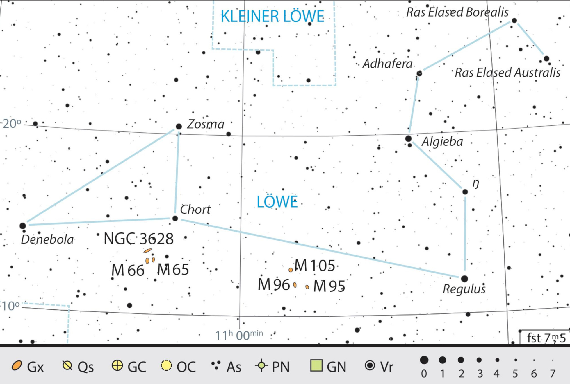 Mappa celeste per la costellazione del Leone, con gli oggetti consigliati. J. Scholten