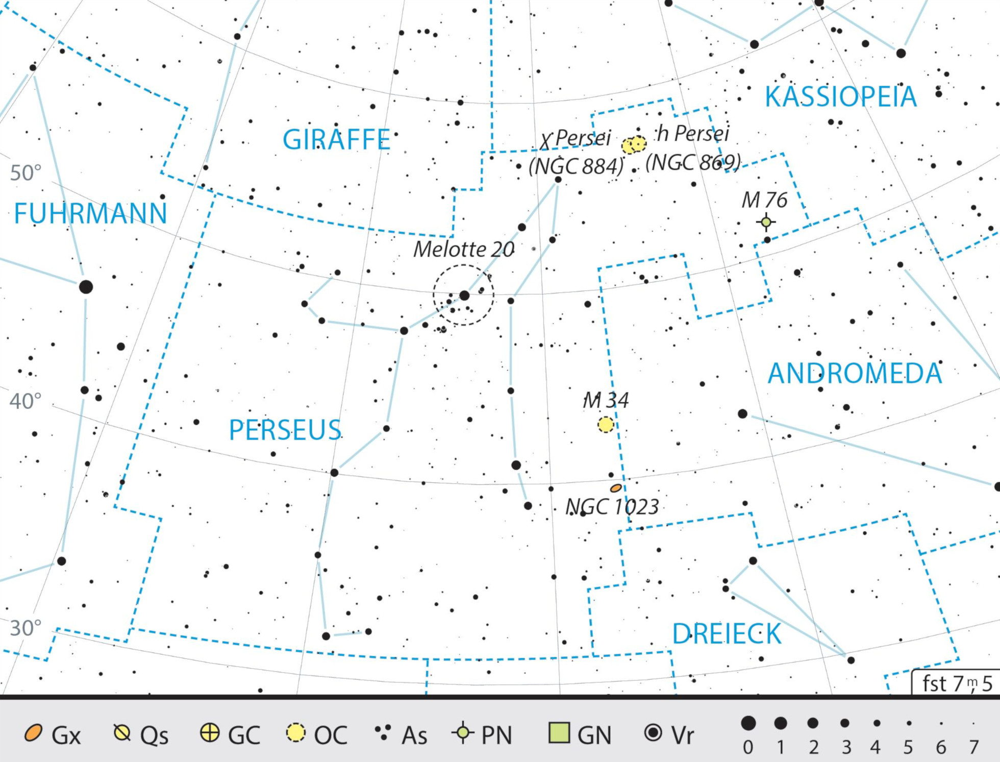 Harta constelației Perseu cu recomandările pentru observare. J. Scholten 