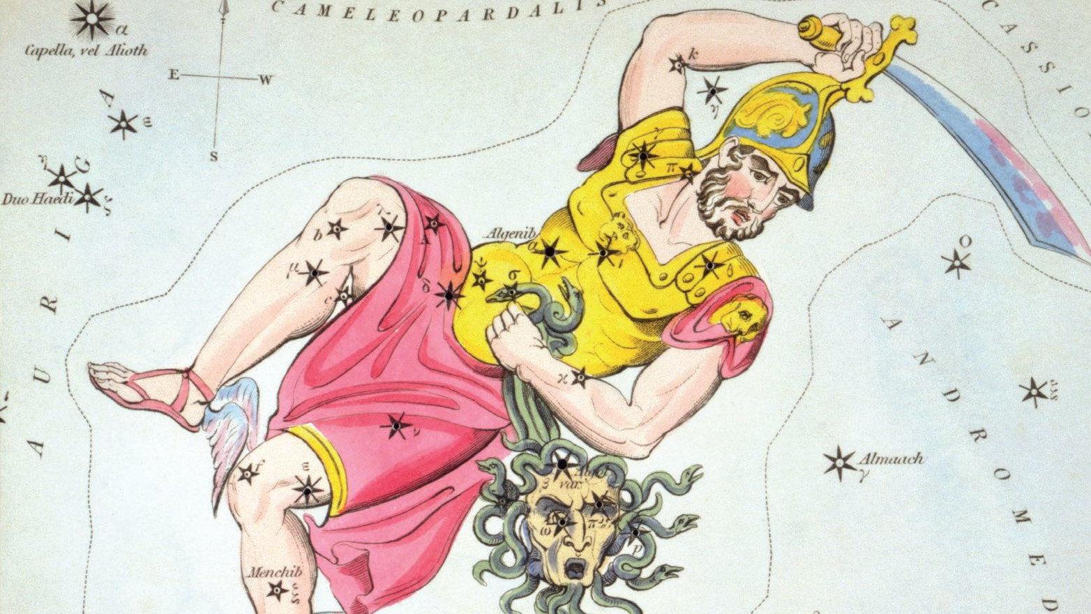 Auch bildliche Darstellungen des Sternbilds zeigen den Helden Perseus mit dem abgeschlagenen Haupt der Medusa, der durch den Stern Algol symbolisiert wird.