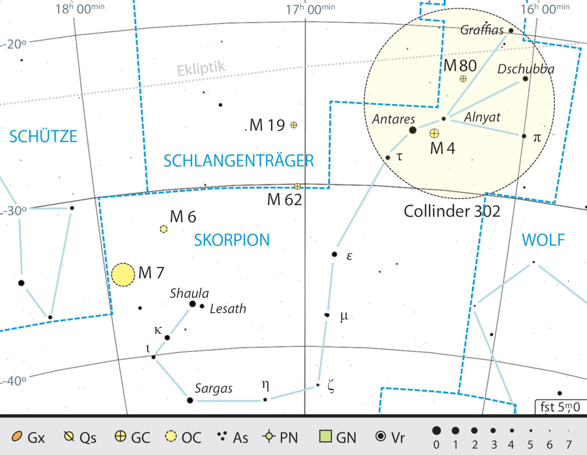 Harta constelației Scorpionul cu recomandările pentru observare. Încercuit cu roșu este roiul de mișcare Antares. Kai v. Schauroth 