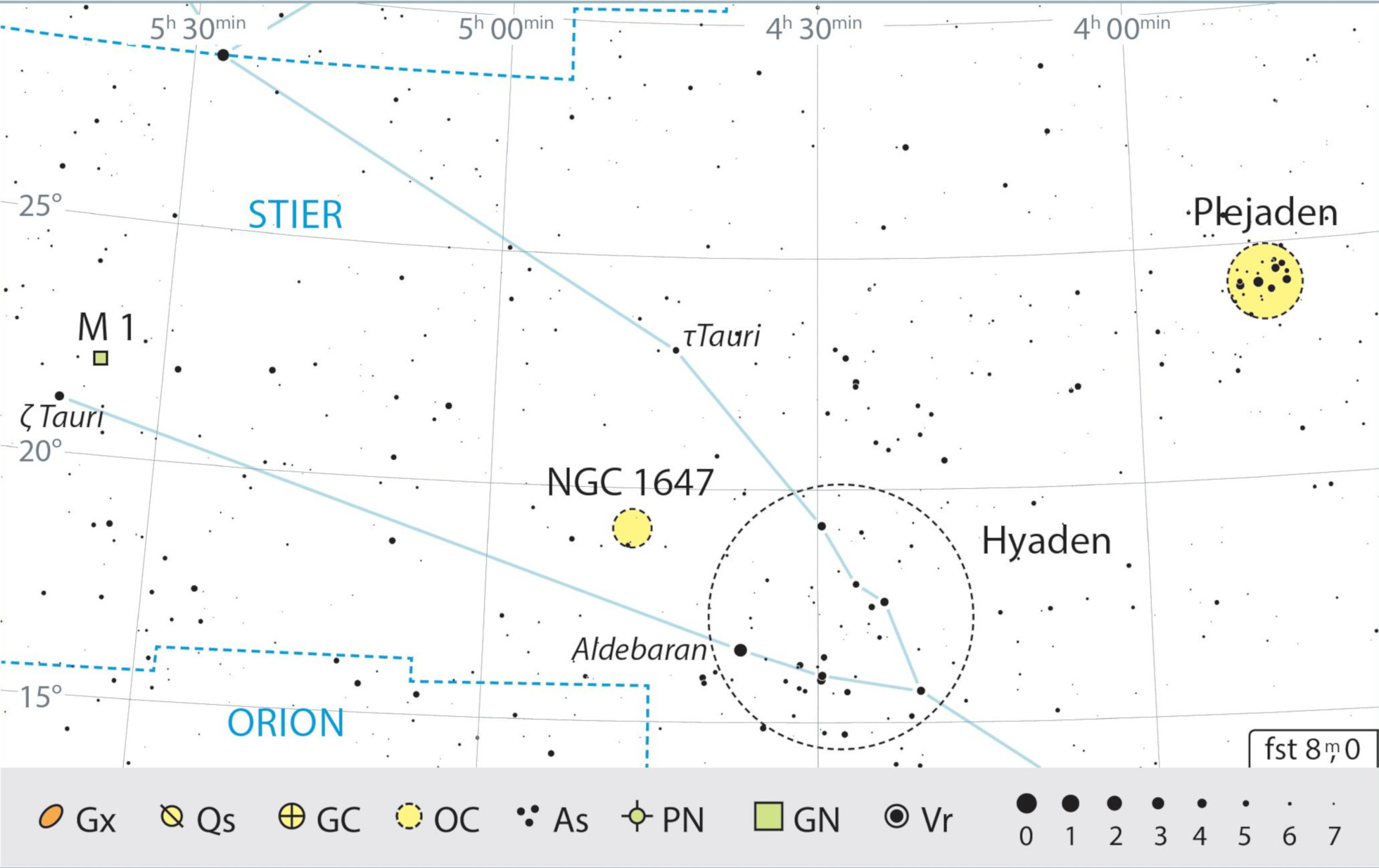 Mappa celeste per la costellazione del Toro, con gli oggetti consigliati. J. Scholte