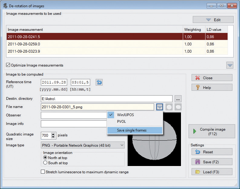 The de-rotation function sub-window with the list of measured images at the top. This is followed by details of the reference time and output options. If the de-rotated images are to be later stacked using another program, the individual images must be exported by selecting Save Single Frames. M. Weigand