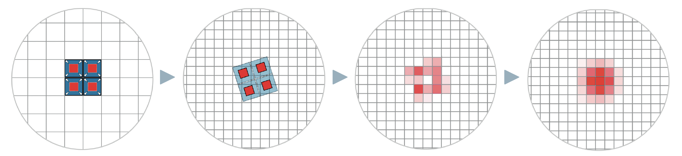 Concernant le principe de fonctionnement de la technique du drizzle : sur l’image gauche, une étoile est placée exactement à l’intersection de quatre pixels et ses valeurs de luminosité se répartissent régulièrement entre les pixels. L’étoile apparaît ainsi pixelisée et son profil à proprement parler n’est pas reproduit. La matrice de pixels originale de l’image (bleue) est alors réduite (rouge) et projetée sur une nouvelle matrice (deuxième image). La nouvelle matrice est ici plus fine à concurrence du facteur 2. Avec une image seulement, on obtient naturellement des vides en certains endroits, comme on peut le voir dans la répartition des valeurs qui en résulte, sur la troisième image. C’est pourquoi de nombreuses images avec des décalages faibles et variables sont nécessaires. Après établissement de leur moyenne, le profil d’étoile n’est mieux représenté que dans le cas idéal (image à droite). M. Weigand