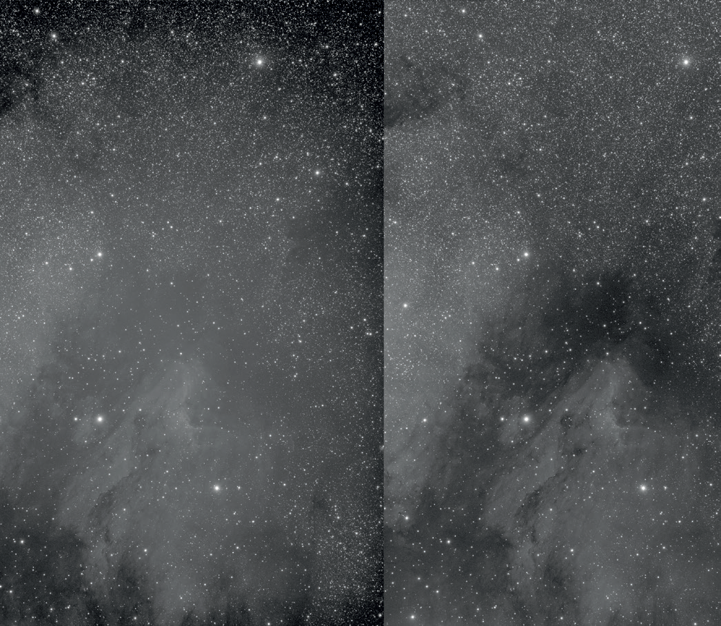 Image CCD de la nébuleuse du Pélican, d’un contraste intensifié, avant (à gauche) et après la correction du champ plat (à droite). La visibilité des structures et des nuages sombres s’améliore nettement et les angles sombres de l’image disparaissant. M. Weigand
