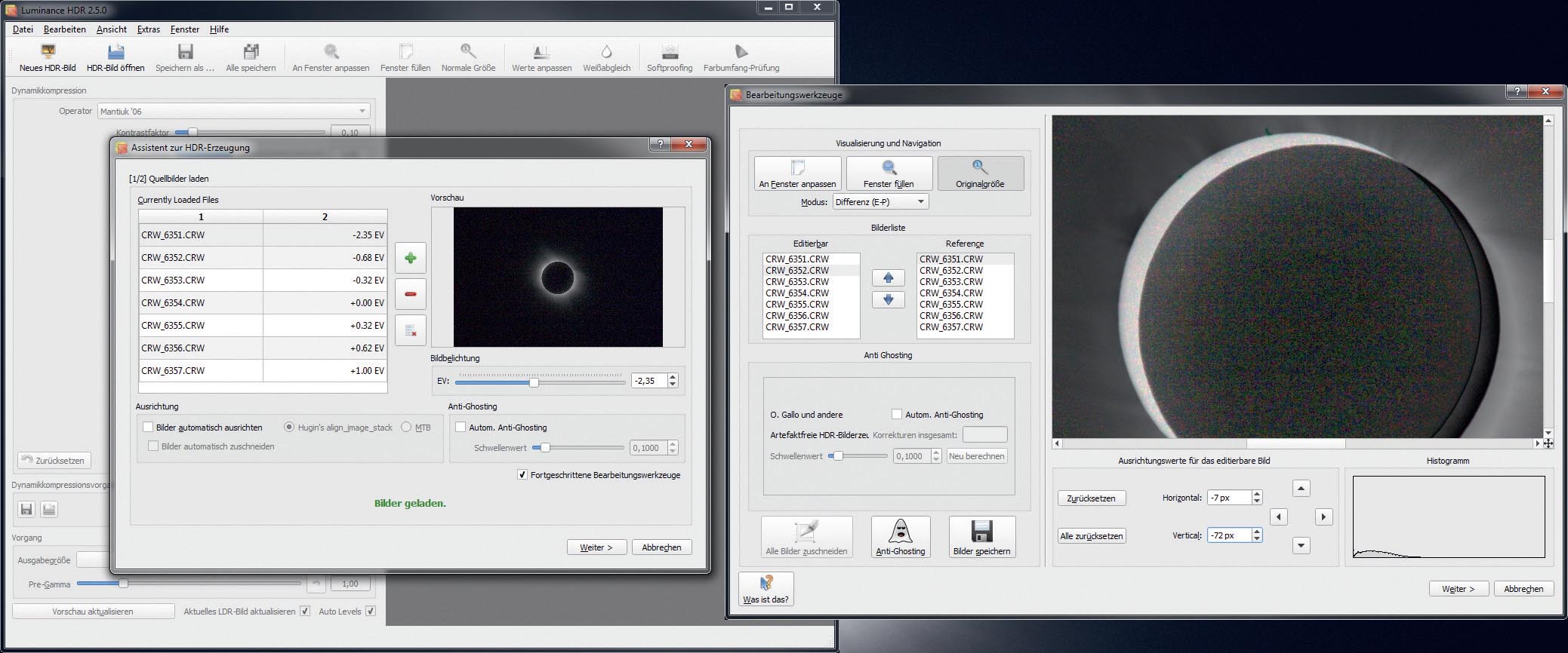 Le programme Luminance HDR, lors de la création d’une nouvelle image HDR. Dans la fenêtre de gauche, on peut charger la série d’images. En dehors du cochage de « Outils de traitement avancés », aucun autre réglage n’est nécessaire. La fenêtre de droite permet de vérifier le décalage des images et d’aligner les images. M. Weigand
