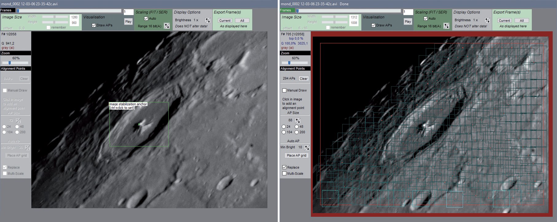 Fenêtre de l’image avec le point de stabilisation sur la montagne centrale de Pythagore, à gauche, et avec la grille des points d’alignement, à droite. M. Weigand