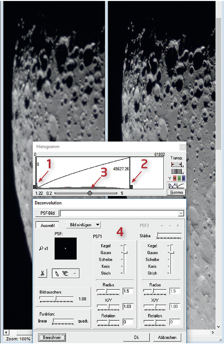 Adjusting the tonal values via the black (1) white (2), and gamma (3) values as well as sharpening using deconvolution (4) in Fitswork. M. Weigand