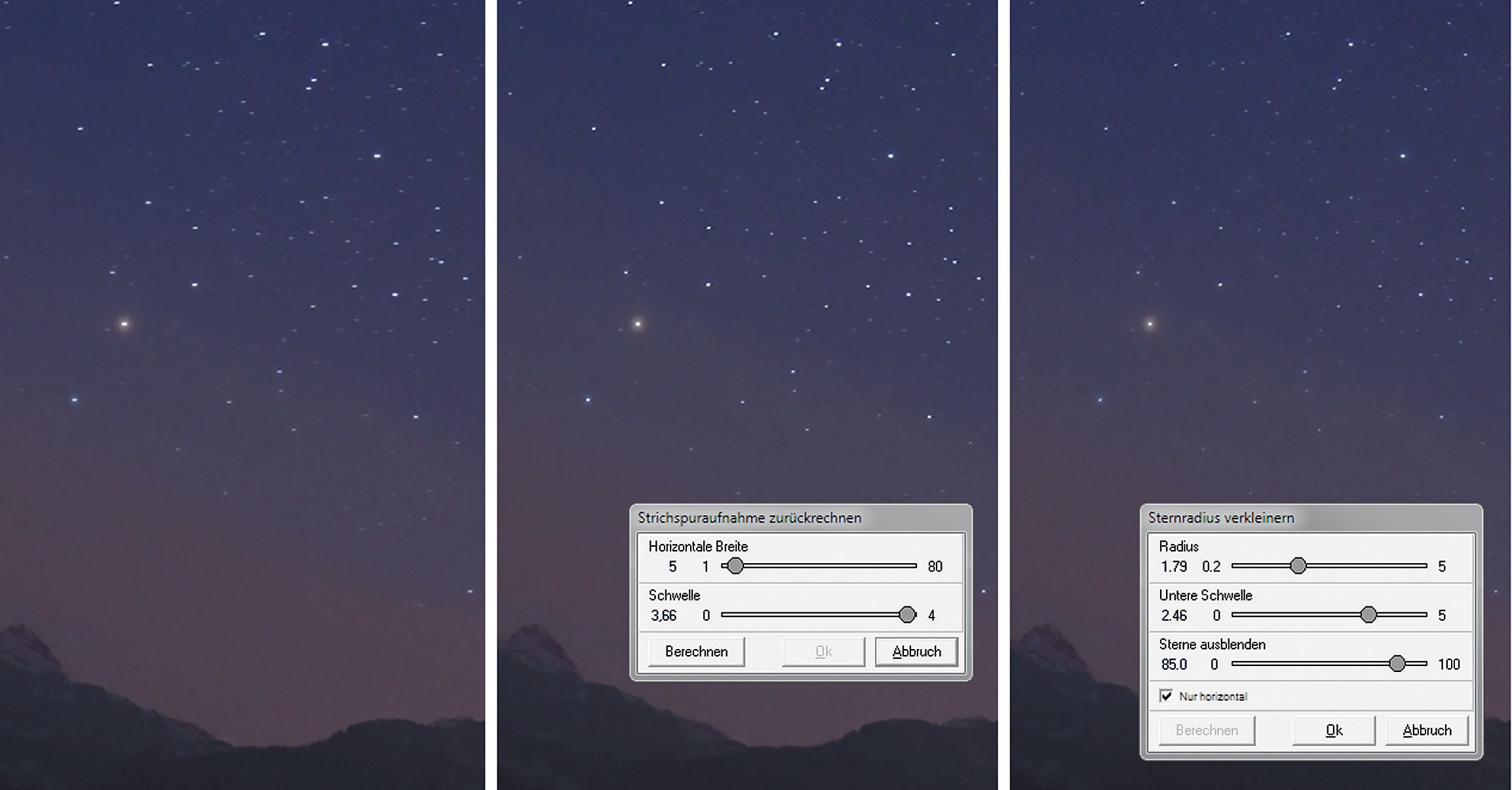Eine Aufnahme des Sternbildes Skorpion über den Alpen (links). Die Aufnahme zeigt auch verkleinert noch deutlich verzogene Sterne.
Die mittlere Ansicht zeigt das Ergebnis der Funktion "Strichspuren zurückrechnen" mit den verwendeten Einstellungen. Rechts sind die Einstellungen
und das Ergebnis der Funktion "Sternradius verkleinern" zu sehen. M.Weigand