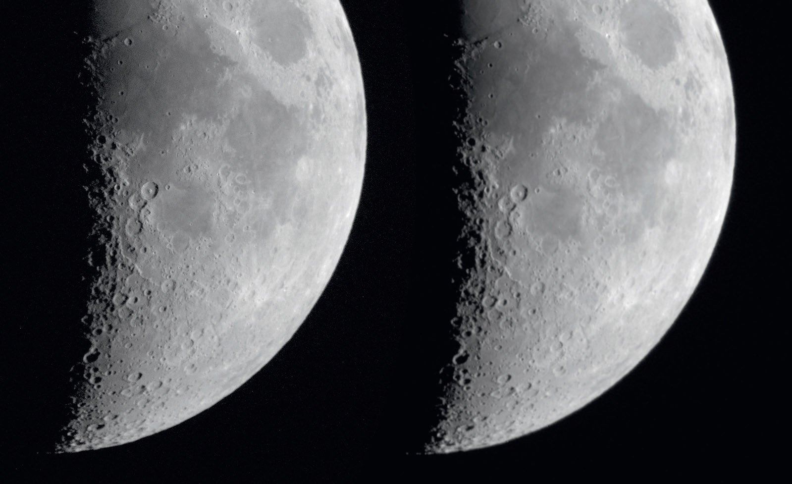 Efectul unui reductor poate fi ilustrat foarte bine prin intermediul fotografiilor Lunii cu expunere foarte scurtă. În stânga, o imagine a lunii la f/12,4 și în dreapta, cu reductor, la f/6,7, cu același timp de expunere și aceeași apertură. Fotografia efectuată cu ajutorul reductorului a fost mărită la aceeași putere de mărire. M. Weigand