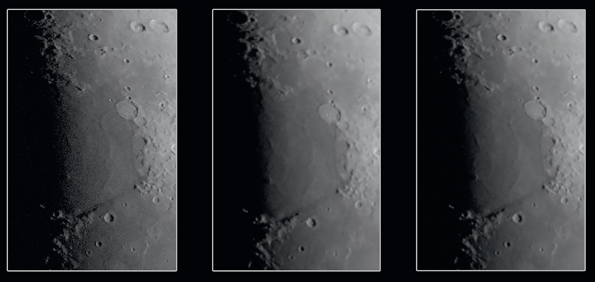 Des sections agrandies soulignent les différences : sans réducteur (à gauche), la résolution est la meilleure, mais les structures de la Mare Serenitatis, sur le terminateur, se perdent dans le bruit. Avec réducteur (au centre), la représentation est nettement meilleure mais la précision des détails s’est en même temps visiblement détériorée. À droite : une image réduite après coup, par logiciel, fournit un bruit d’image quelque peu plus fort que l’image réelle avec réducteur. M. Weigand