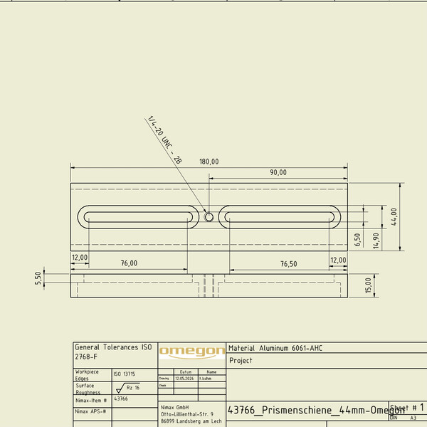 Omegon 180mm Riel en prisma con tornillo