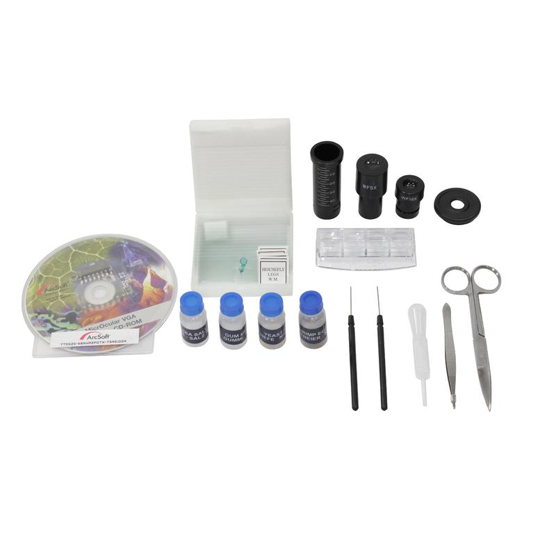 Microscope Omegon Kit de microscopie , MonoView 1 200x, caméra, ouvrage standard de microscopie (en allemand), équipement de préparation